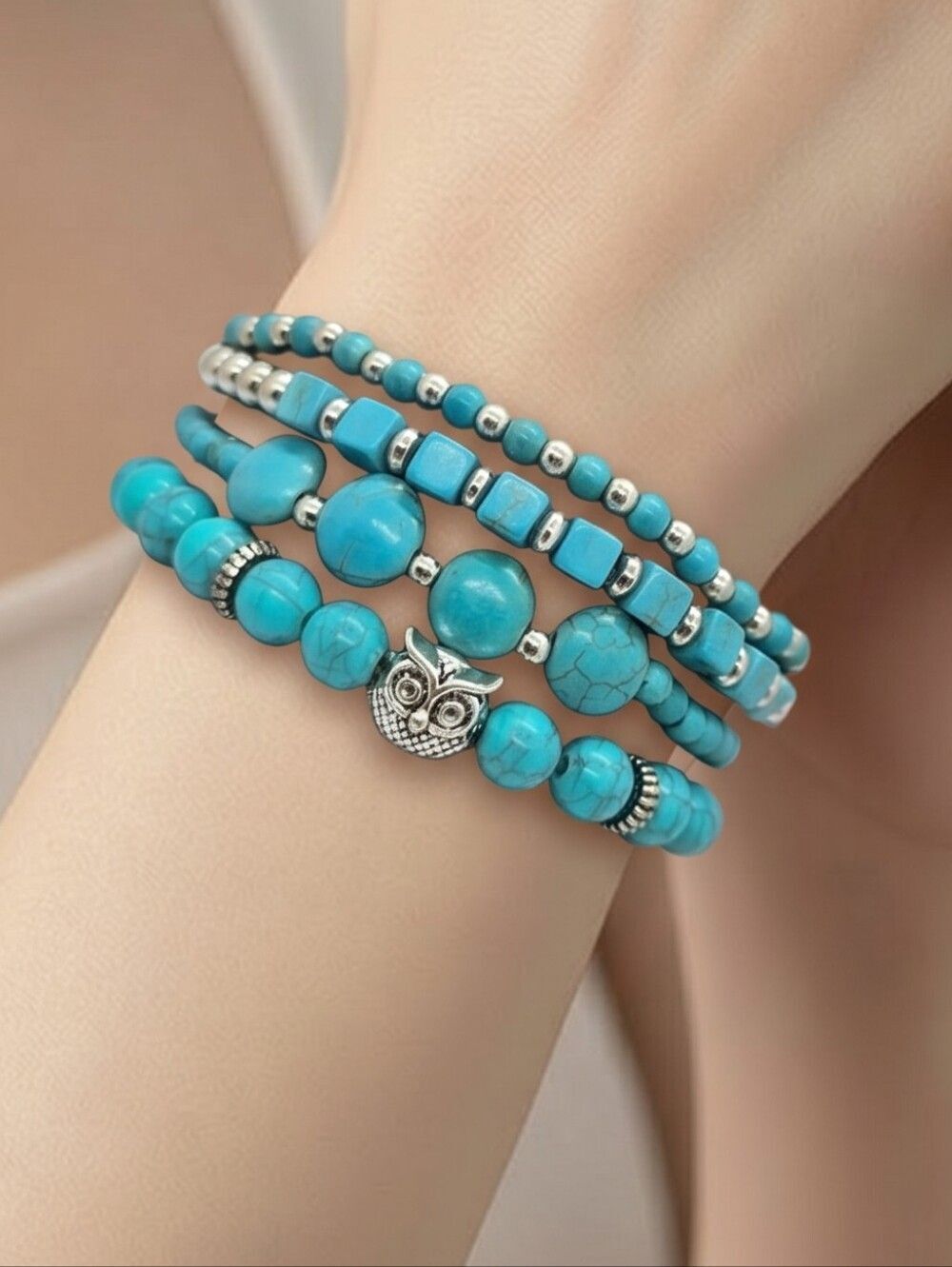 Turquoise Beaded Owl Stacked Bracelet Set 4 Bohemian Western Southwestern Whimsy